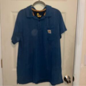 Carhartt Men's Polo Shirt in Blue with Gold Logo Patch